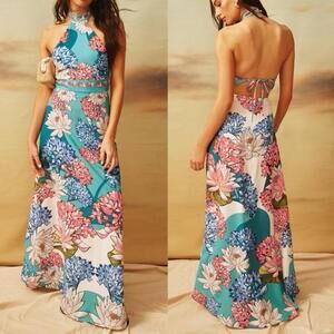 $330 Agua Bendita X RTR Floral Maxi High Neck Halter Open Back 'Darmy' Dress- SM